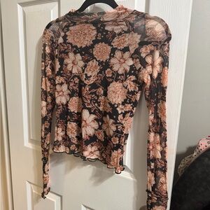 Three Bird Nest Black Mesh Long-Sleeve Top with Peach Floral Print